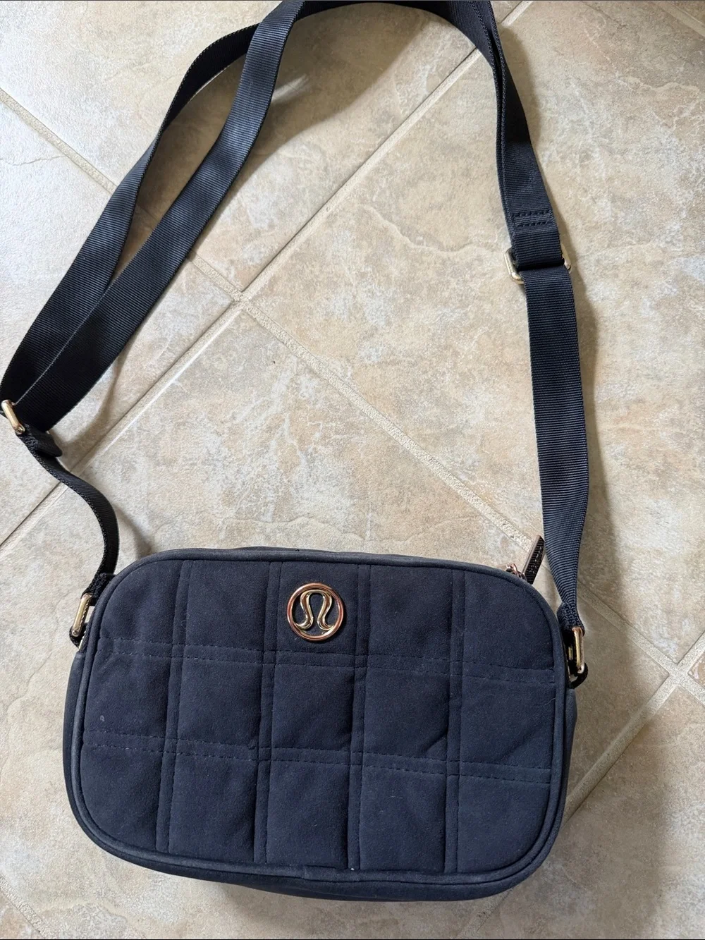lululemon athletica Black Quilted Crossbody with Rose Gold Logo